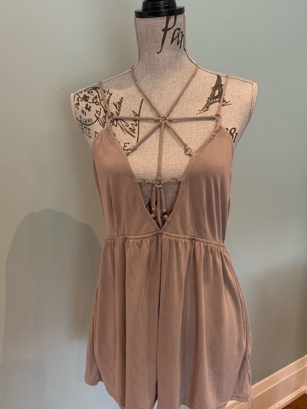 Strappy V-Neck Women’s Top in Taupe